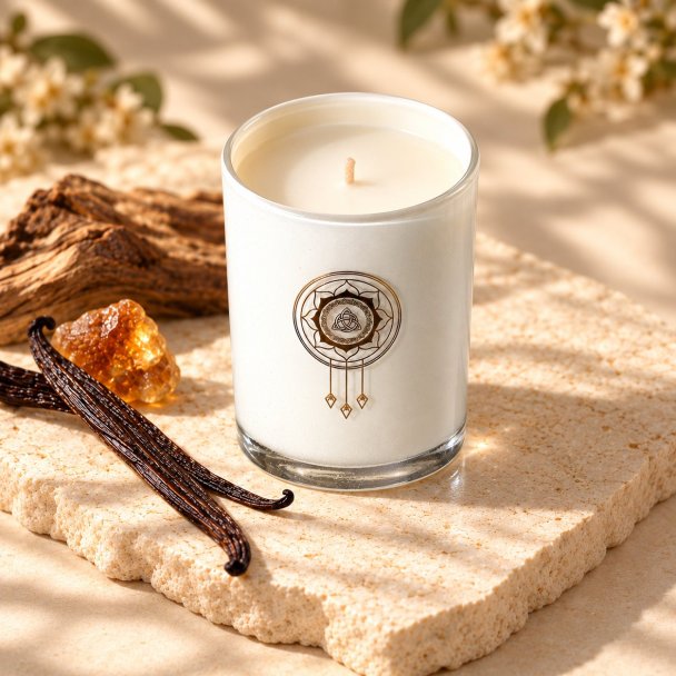 Mahonie Amber and Vanilla Blossom Candle, elevated view on pale natural stone.