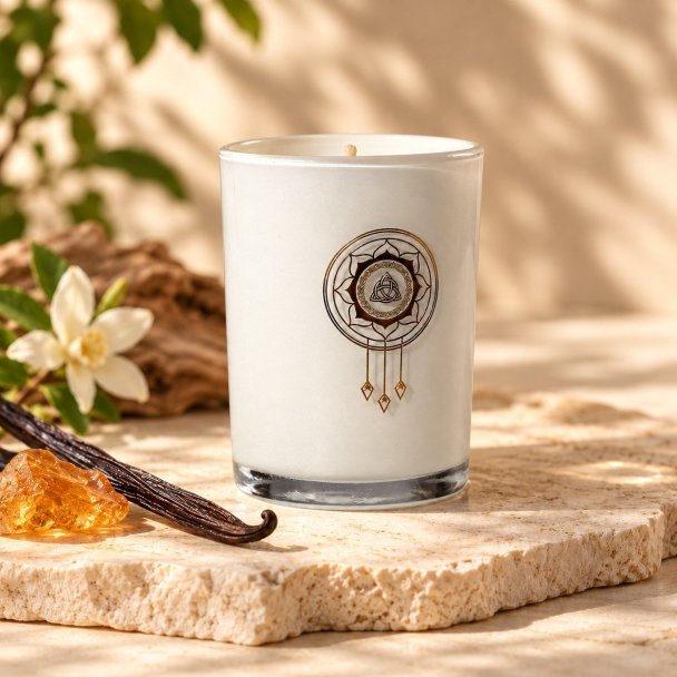 Mahonie Amber and Vanilla Candle, three-quarter view on pale natural stone.