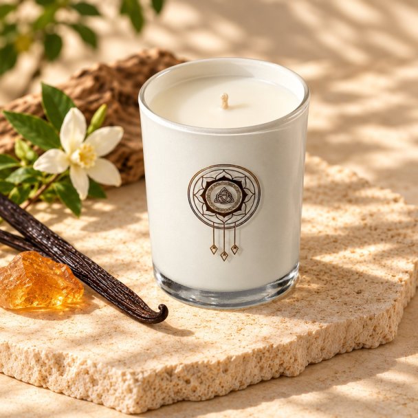 Mahonie Amber and Vanilla Candle, elevated view on pale natural stone.