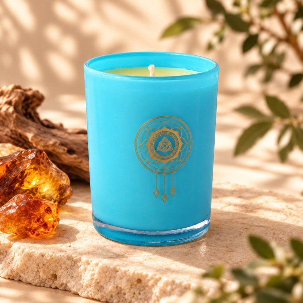 Mahonie Amber Candle, three-quarter view on pale natural stone.