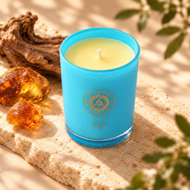 Mahonie Amber Candle, elevated view on pale natural stone.