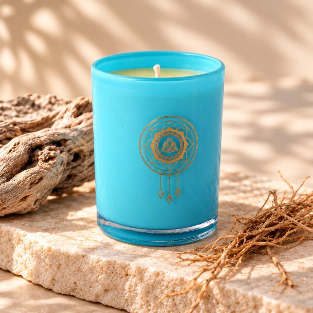Mahonie Beachwood Vetiver and Driftwood Candle, three-quarter view on pale natural stone.