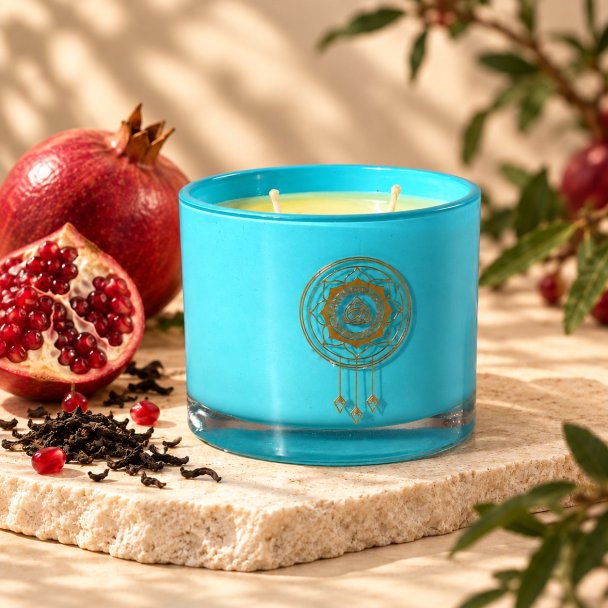 Mahonie Black Tea & Pomegranate Candle, three-quarter view on pale natural stone.