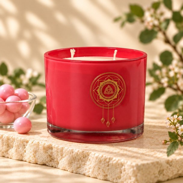 Mahonie Bubblegum Candle, three-quarter view on pale natural stone.