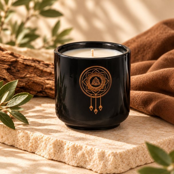 Mahonie Céramique : Musk & Leather Candle, three-quarter view on pale natural stone.