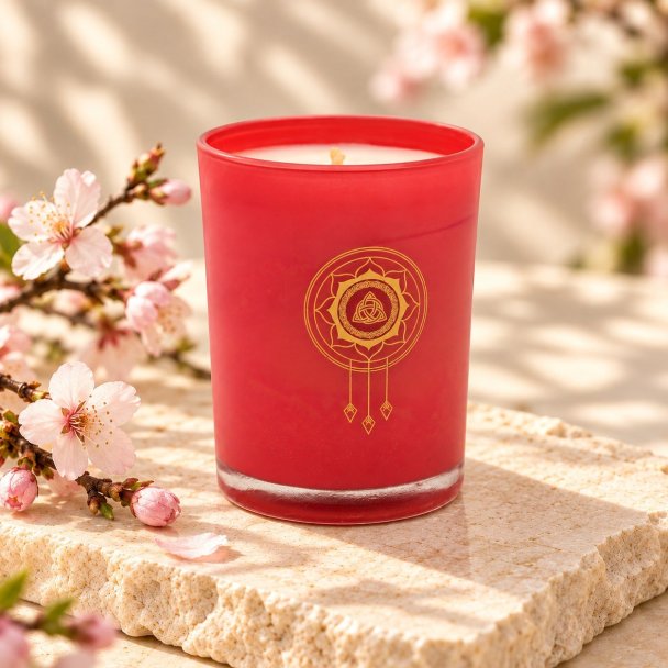 Mahonie Cherry Blossom Candle, three-quarter view on pale natural stone.