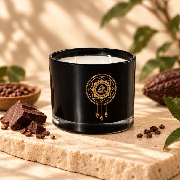 Mahonie Choco Lava Candle, three-quarter view on pale natural stone.