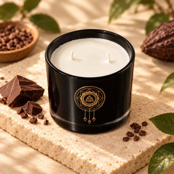 Mahonie Choco Lava Candle, elevated view on pale natural stone.