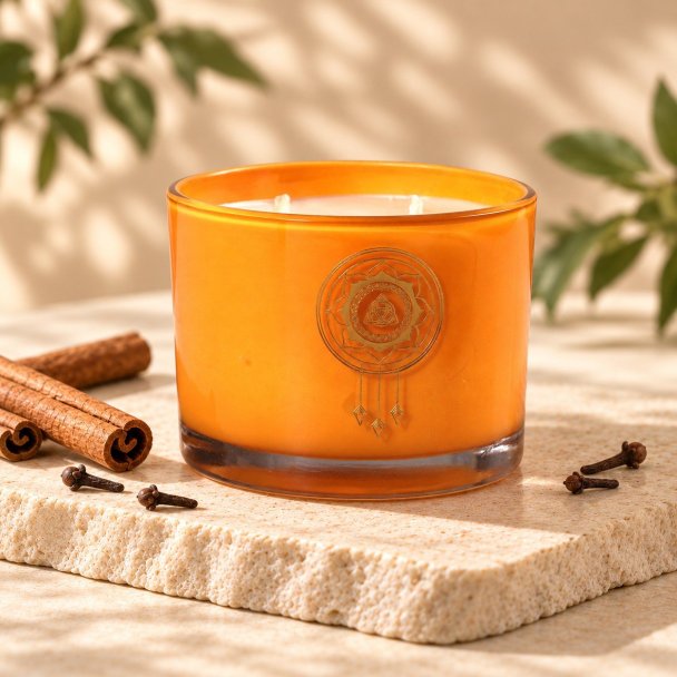 Mahonie Cinnamon & Clove Candle, three-quarter view on pale natural stone.