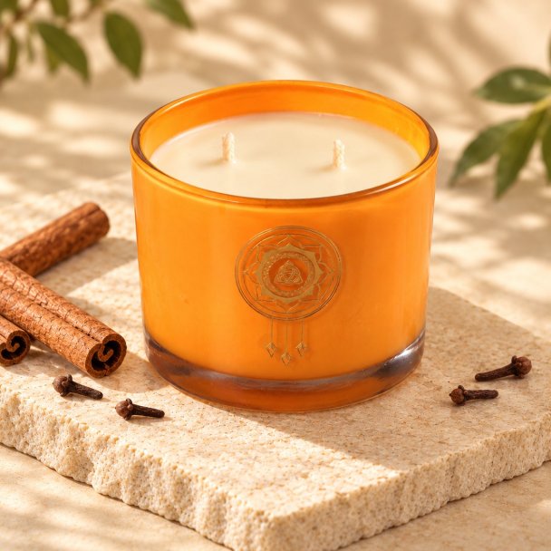 Mahonie Cinnamon & Clove Candle, elevated view on pale natural stone.