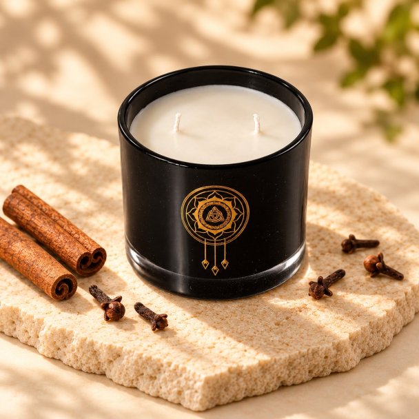 Mahonie Cinnamon & Clove Candle, elevated view on pale natural stone.