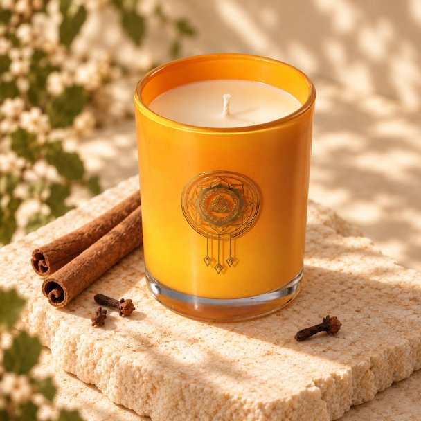 Mahonie Cinnamon Clove Candle, elevated view on pale natural stone.