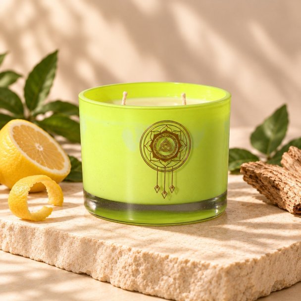 Mahonie Citrus Wood Candle, three-quarter view on pale natural stone.