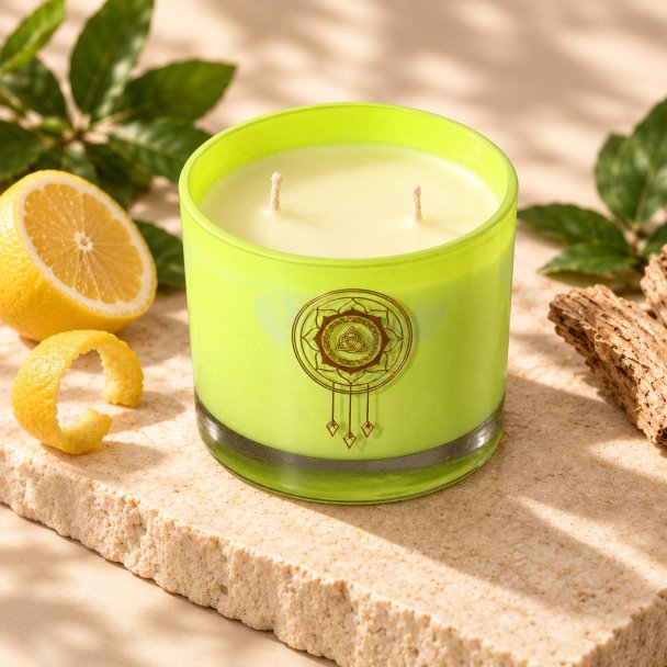 Mahonie Citrus Wood Candle, elevated view on pale natural stone.