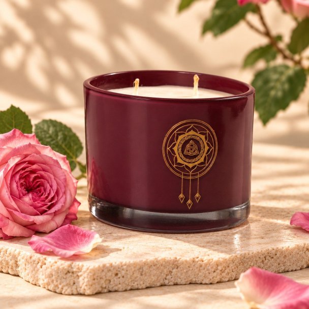 Mahonie Damask Rose Candle, three-quarter view on pale natural stone.