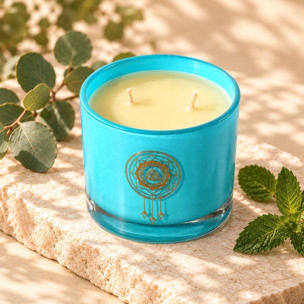 Mahonie Eucalyptus & Mint Candle, elevated view on pale natural stone.