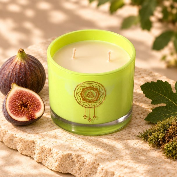 Mahonie Fig & Moss Candle, elevated view on pale natural stone.