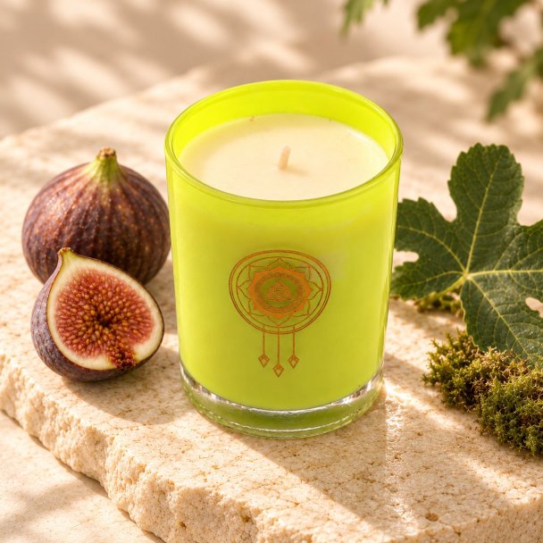 Mahonie Fig & Moss Candle, elevated view on pale natural stone.