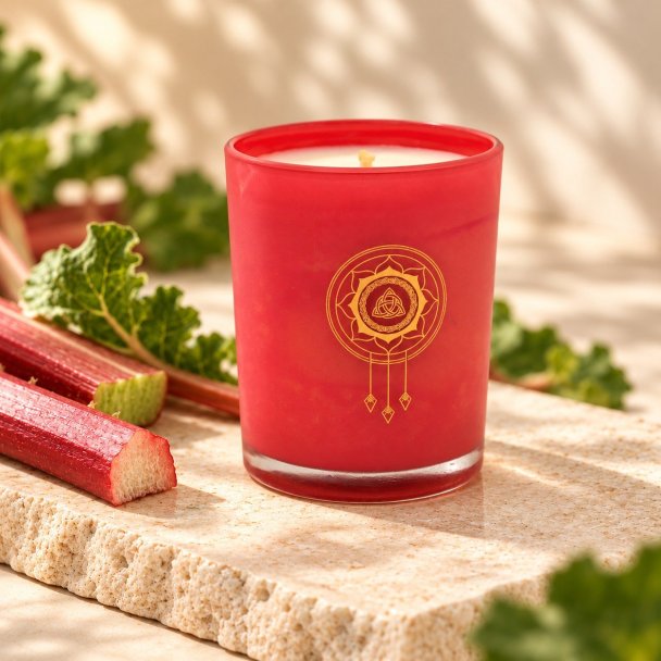 Mahonie Fresh Rhubarb Candle, three-quarter view on pale natural stone.