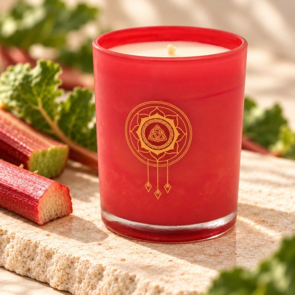 Mahonie Fresh Rhubarb Candle, closer view of its original materials and surface details.