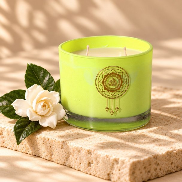 Mahonie Gardenia Candle, three-quarter view on pale natural stone.