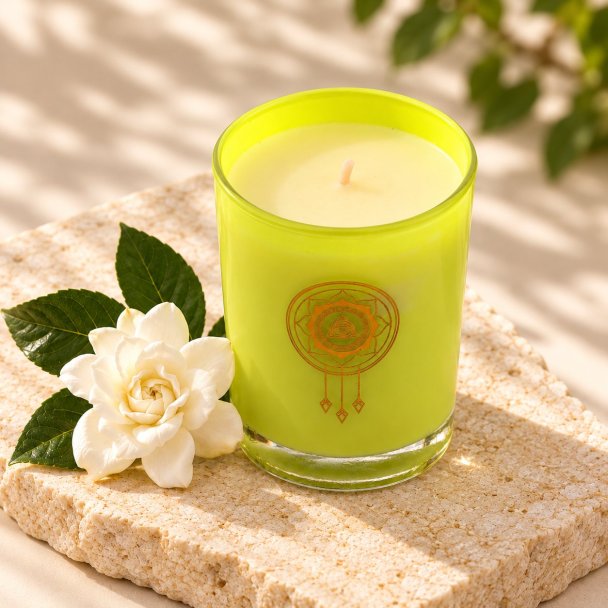 Mahonie Gardenia Candle, elevated view on pale natural stone.
