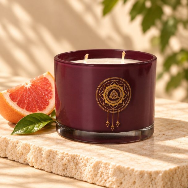 Mahonie Grape Fruit Candle, three-quarter view on pale natural stone.