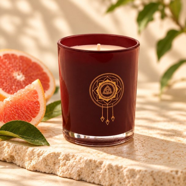 Mahonie Grape Fruit Candle, three-quarter view on pale natural stone.