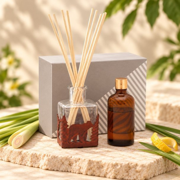 Mahonie L'étoile Reed Diffuser Set - Lemongrass & Citrus wood, three-quarter view on pale natural stone.