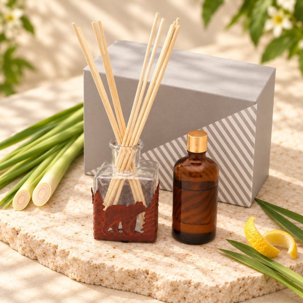 Mahonie L'étoile Reed Diffuser Set - Lemongrass & Citrus wood, elevated view on pale natural stone.