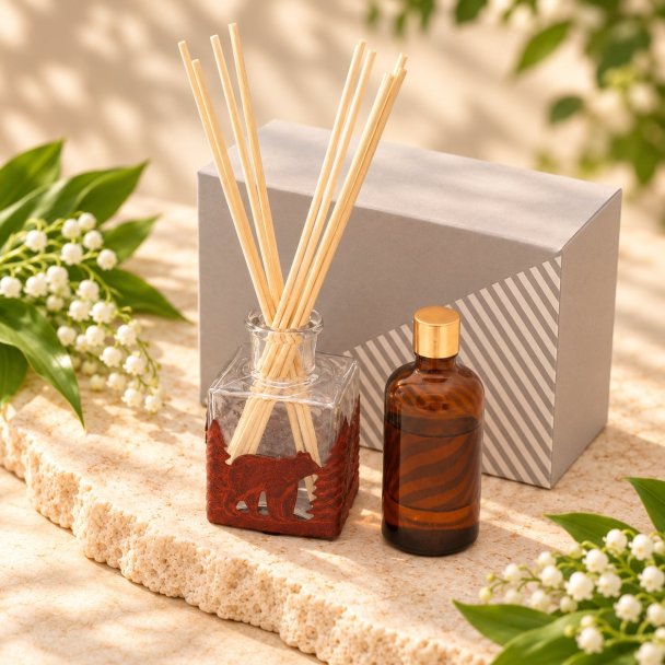 Mahonie L'étoile Reed Diffuser Set - Lilly of the Valley, elevated view on pale natural stone.