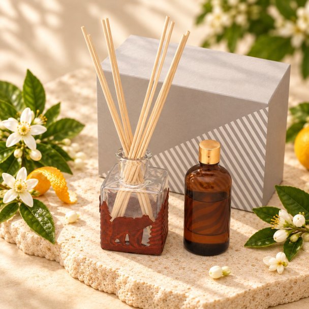 Mahonie L'étoile Reed Diffuser Set - Neroli, elevated view on pale natural stone.