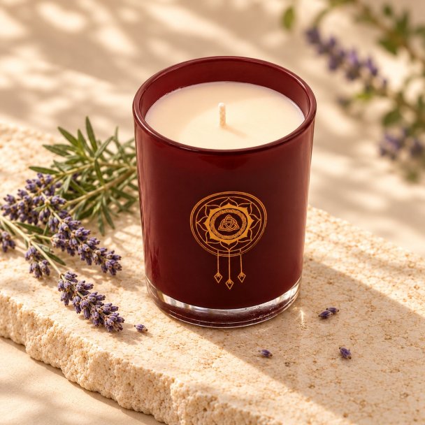 Mahonie Lavender Candle, elevated view on pale natural stone.