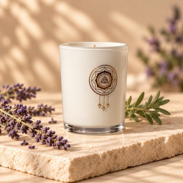 Mahonie Lavender Candle, three-quarter view on pale natural stone.