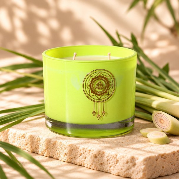 Mahonie Lemongrass Candle, three-quarter view on pale natural stone.