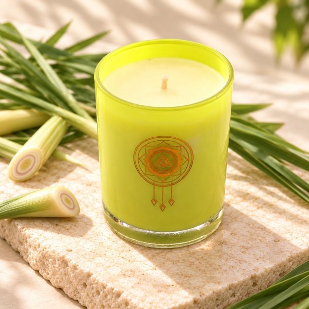 Mahonie Lemongrass Candle, elevated view on pale natural stone.