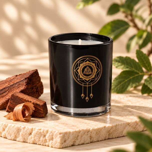 Mahonie Mahogany Scented Candle, three-quarter view on pale natural stone.