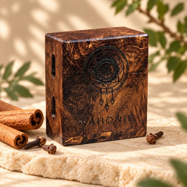 Mahonie Mahonie Exotic Wood Car Freshener - Cinnamon & Clove, three-quarter view on pale natural stone.