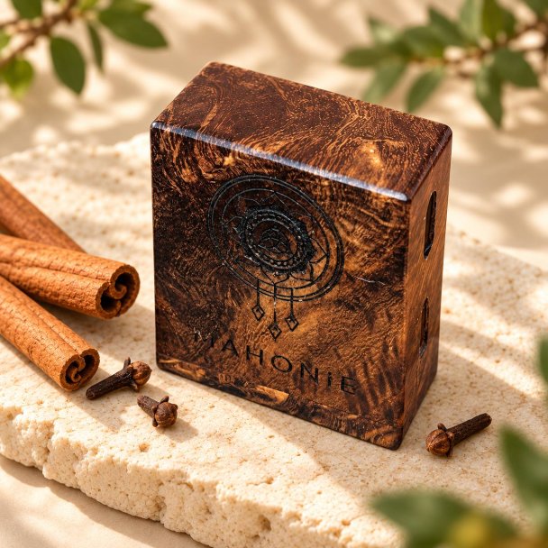 Mahonie Mahonie Exotic Wood Car Freshener - Cinnamon & Clove, elevated view on pale natural stone.
