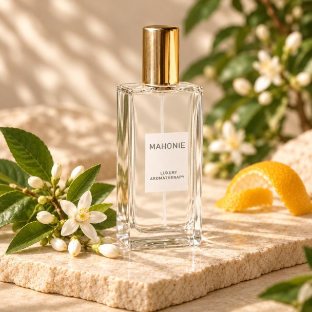 Mahonie Mahonie Natural Room Freshener- 100 ML Spray Bottle - Neroli, three-quarter view on pale natural stone.