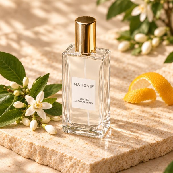 Mahonie Mahonie Natural Room Freshener- 100 ML Spray Bottle - Neroli, elevated view on pale natural stone.
