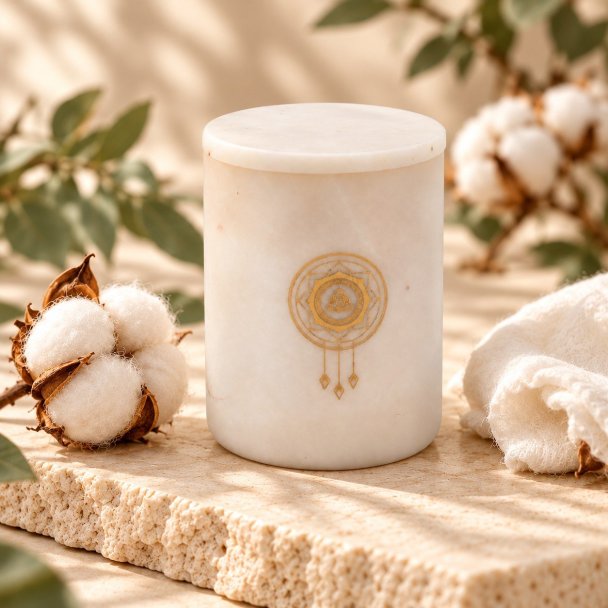 Mahonie Marbella : Egyptian Cotton Candle, three-quarter view on pale natural stone.