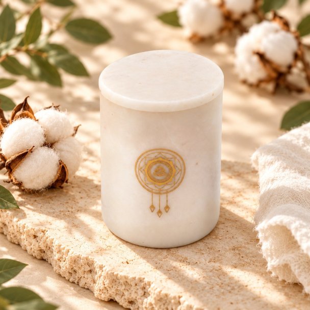 Mahonie Marbella : Egyptian Cotton Candle, elevated view on pale natural stone.
