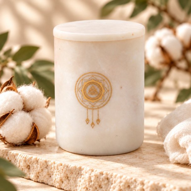 Mahonie Marbella : Egyptian Cotton Candle, closer view of its original materials and surface details.