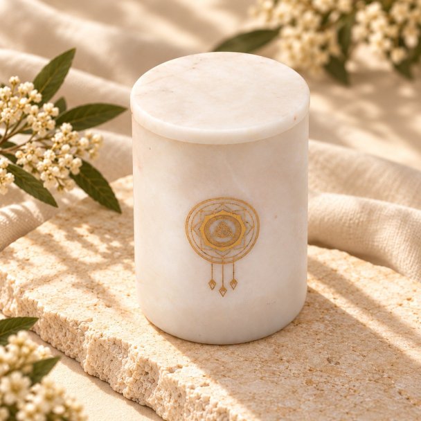 Mahonie Marbella : Regal Cashmere Candle, elevated view on pale natural stone.