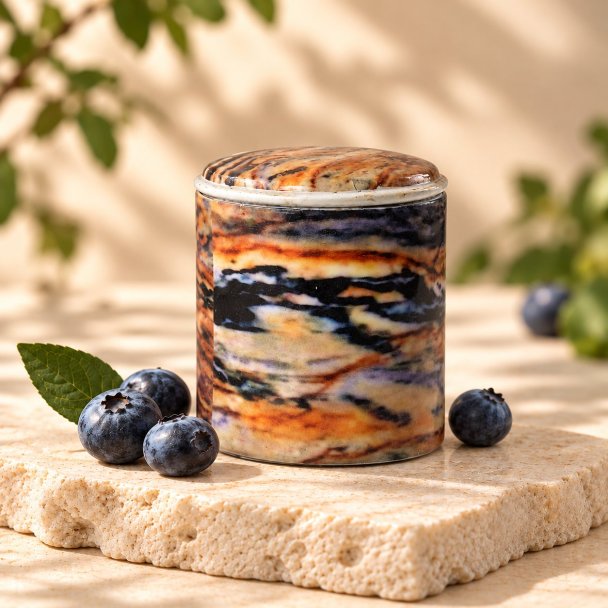 Mahonie Métallique : Blissful Blueberry Candle, three-quarter view on pale natural stone.
