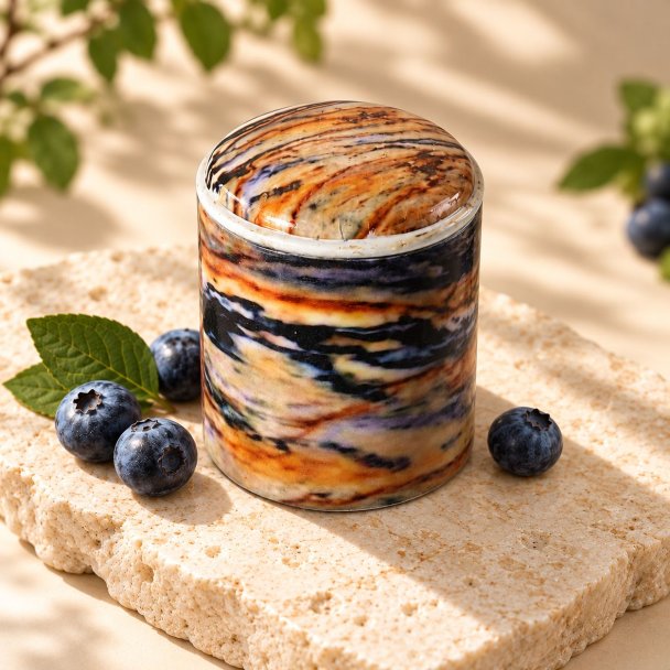 Mahonie Métallique : Blissful Blueberry Candle, elevated view on pale natural stone.