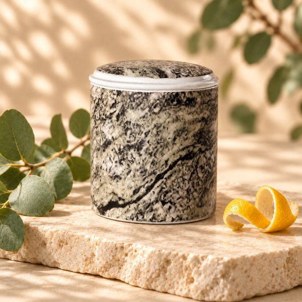 Mahonie Métallique : Citric Eucalyptus Candle, three-quarter view on pale natural stone.