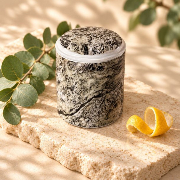 Mahonie Métallique : Citric Eucalyptus Candle, elevated view on pale natural stone.