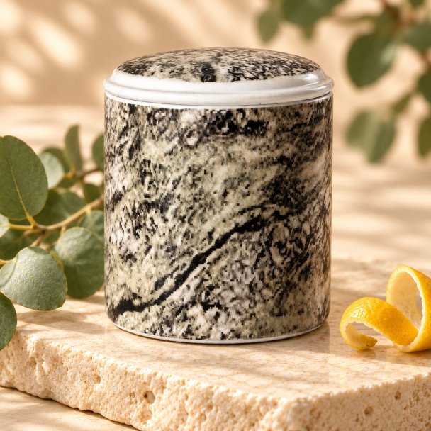 Mahonie Métallique : Citric Eucalyptus Candle, closer view of its original materials and surface details.